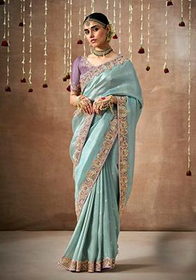 Sea Green Sequin Work Dola Silk Saree Set