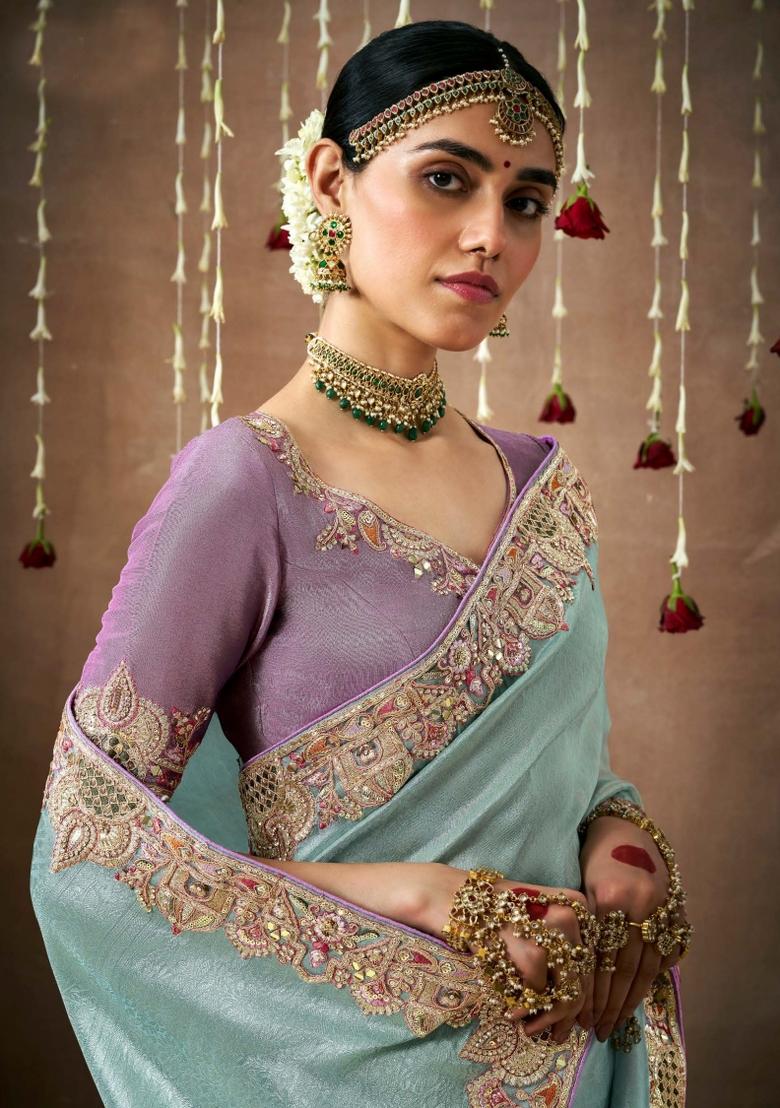 Sea Green Sequin Work Dola Silk Saree Set