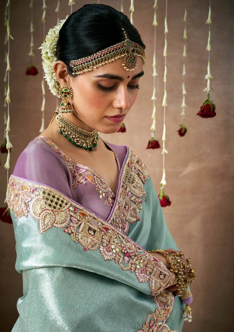 Sea Green Sequin Work Dola Silk Saree Set