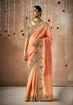 Orange Sequin Work Dola Silk Saree Set