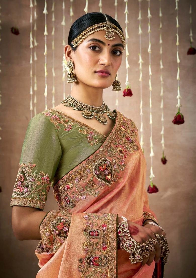 Orange Sequin Work Dola Silk Saree Set