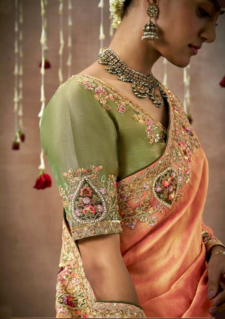 Orange Sequin Work Dola Silk Saree Set