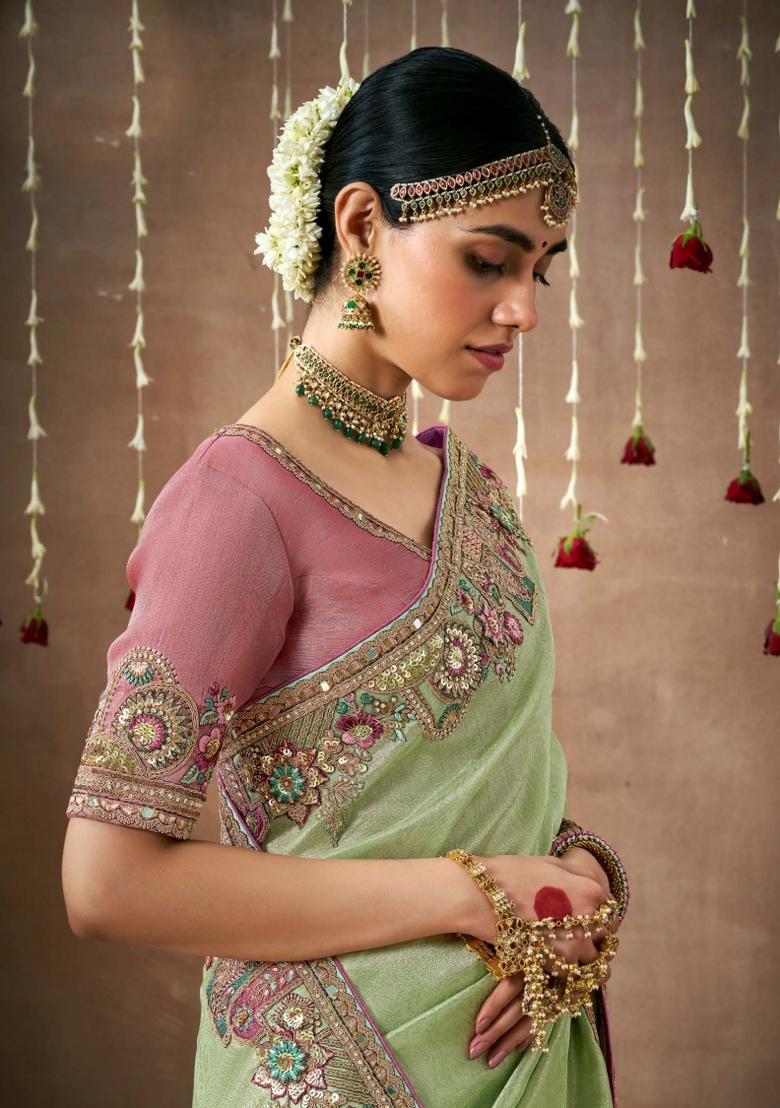 Green Sequin Work Dola Silk Saree Set