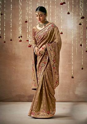 Brown Sequin Work Dola Silk Saree Set
