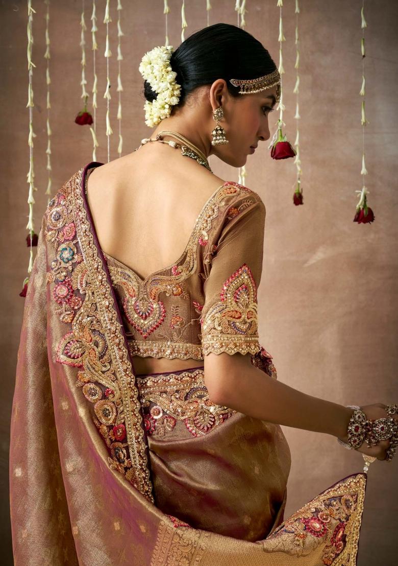 Brown Sequin Work Dola Silk Saree Set