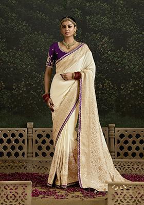 Cream Sequin Embroidered Dola Silk Saree Set