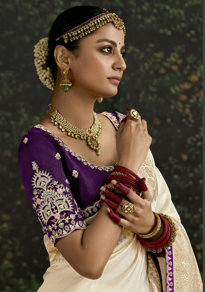 Cream Sequin Embroidered Dola Silk Saree Set