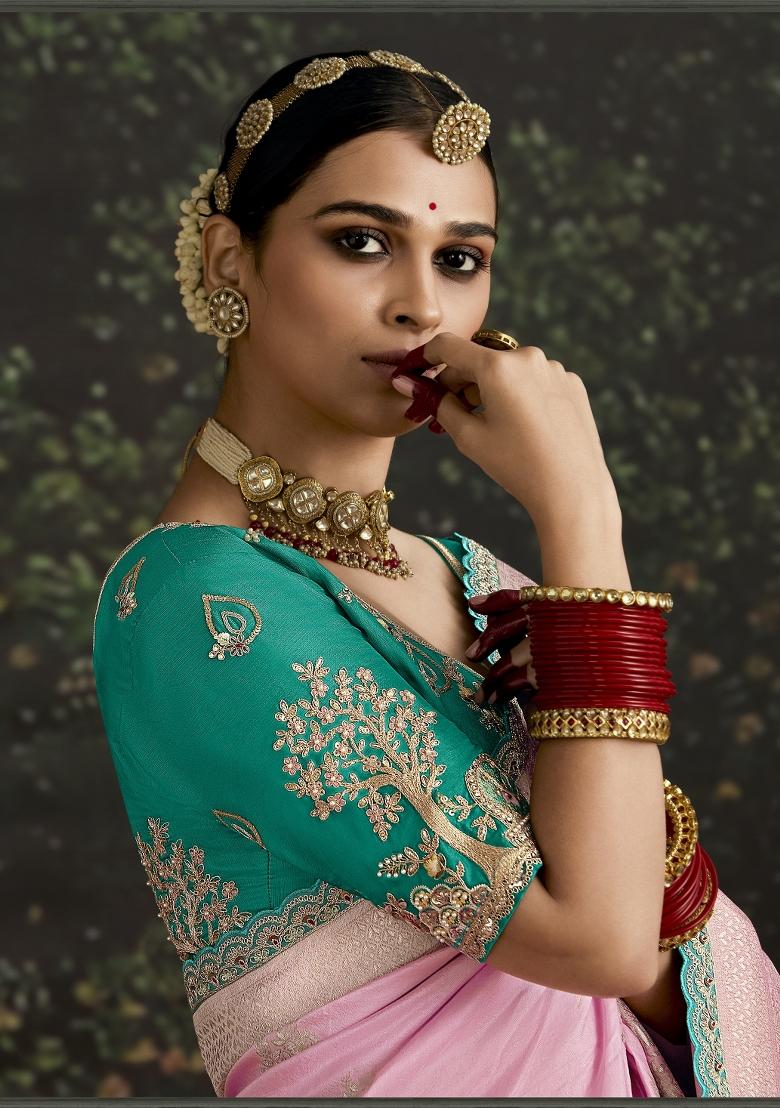 Pink Sequin Embroidered Dola Silk Saree Set