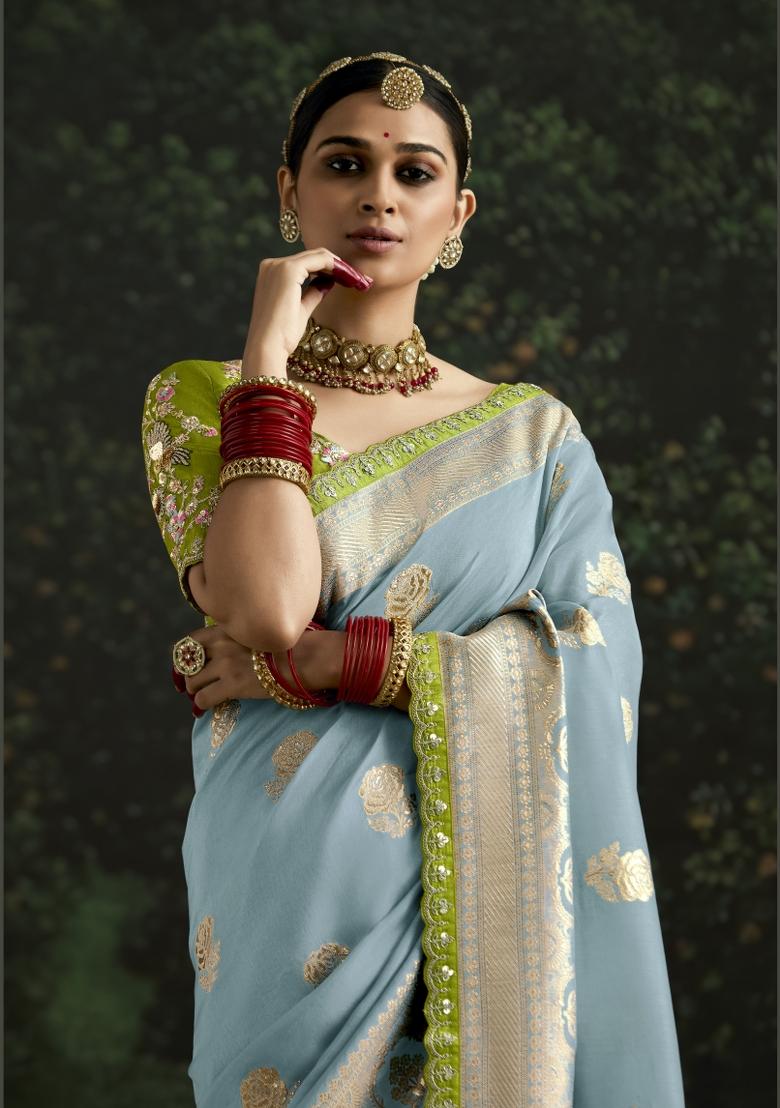 Sky Blue Sequin Embroidered Dola Silk Saree Set
