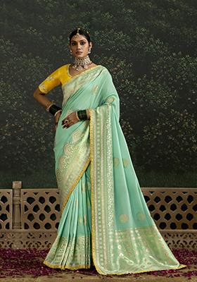 Sea Green Sequin Embroidered Dola Silk Saree Set