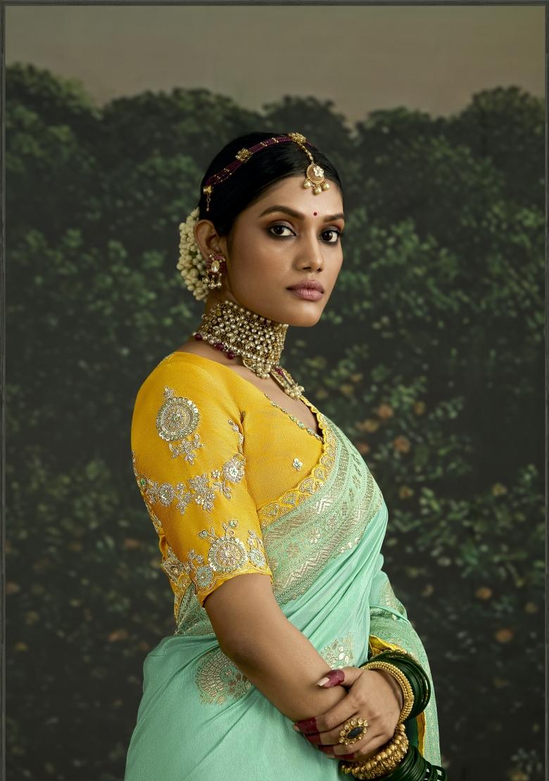 Sea Green Sequin Embroidered Dola Silk Saree Set
