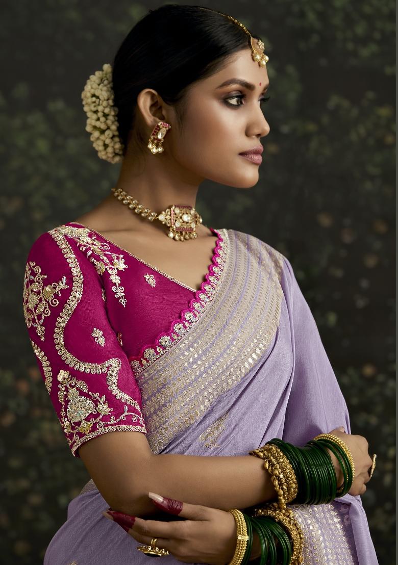 Lavender Sequin Embroidered Dola Silk Saree Set