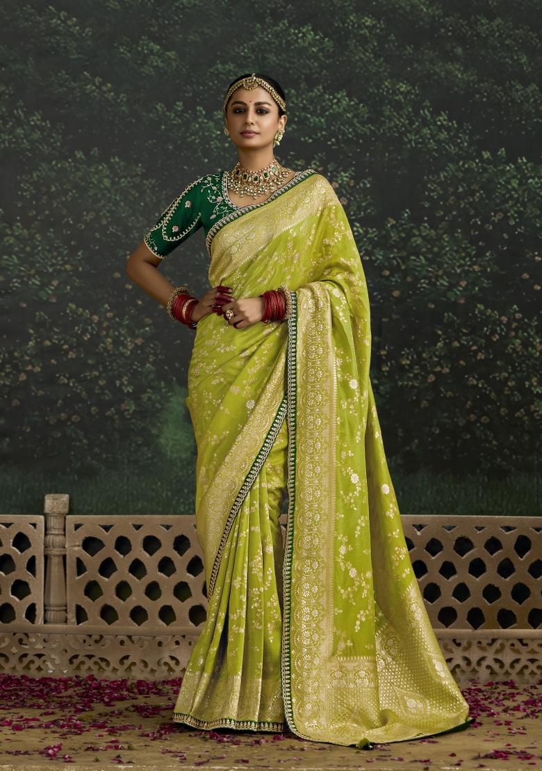 Green Sequin Embroidered Dola Silk Saree Set