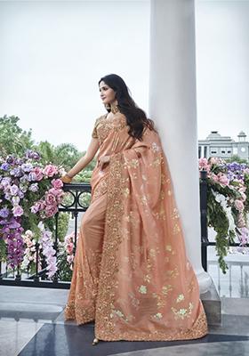 Peach Embroidered Pure Tissue Silk Saree Set