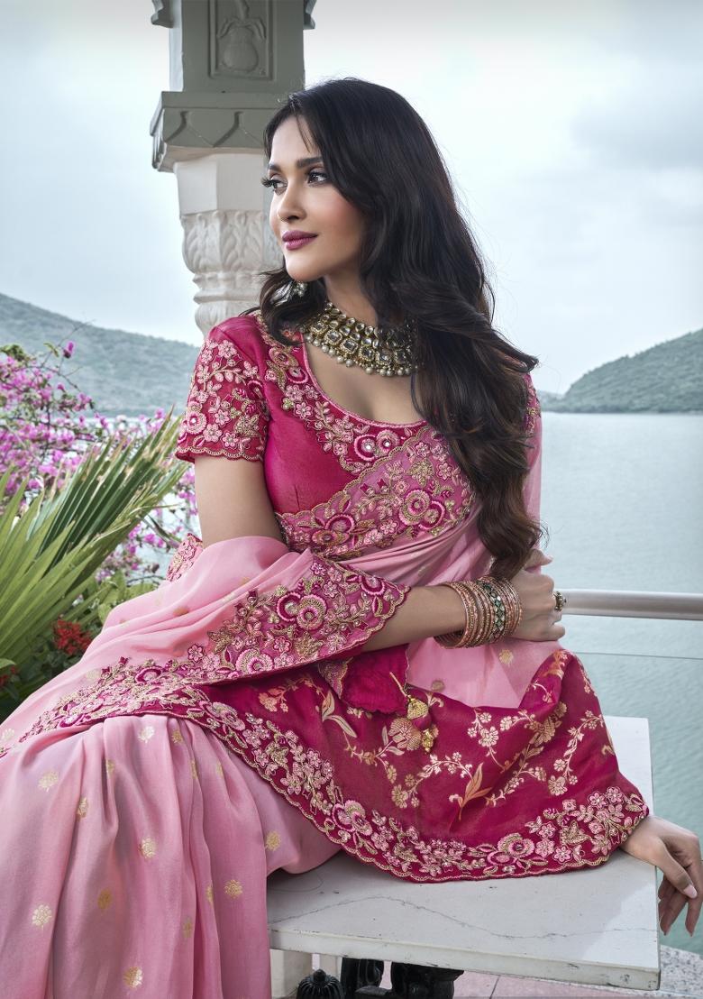 Pink Embroidered Pure Tissue Silk Saree Set