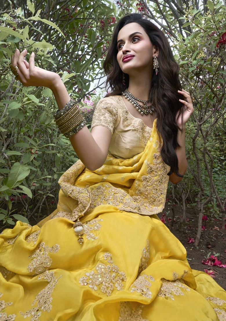 Yellow Embroidered Pure Tissue Silk Saree Set