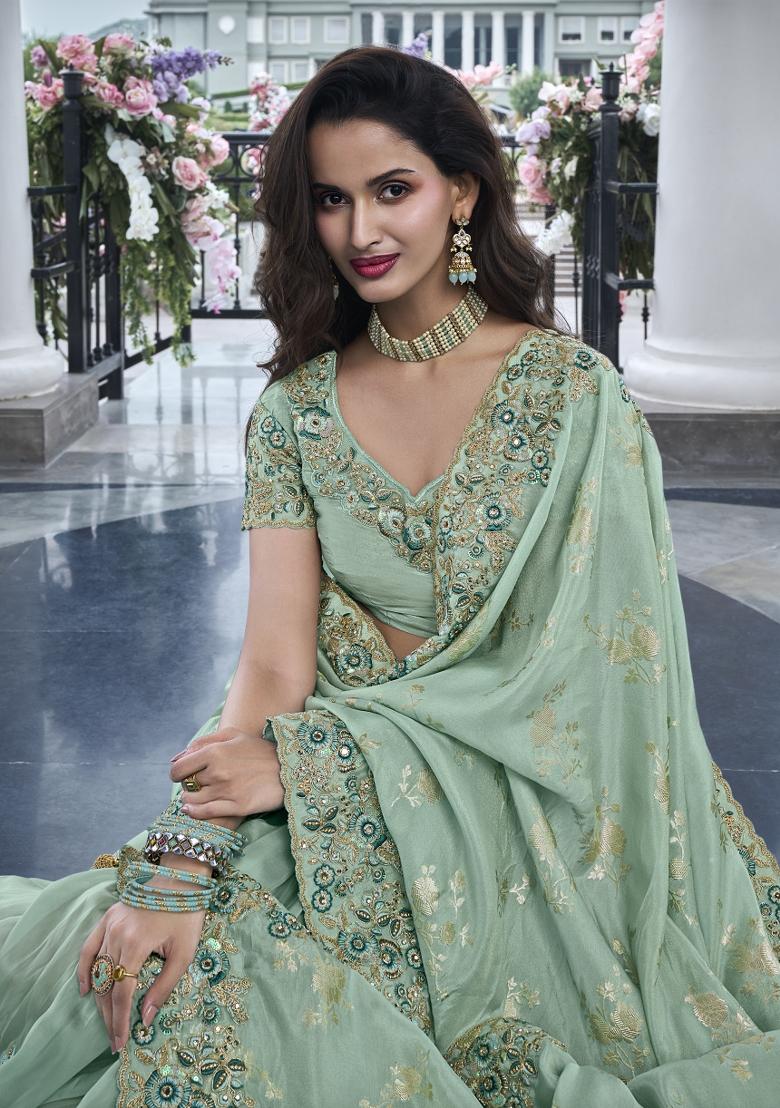 Green Embroidered Pure Tissue Silk Saree Set