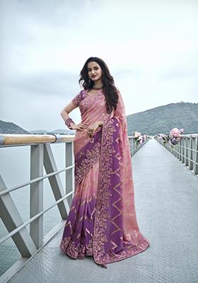 Pink Embroidered Pure Tissue Silk Saree Set
