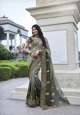 Green Embroidered Pure Tissue Silk Saree Set