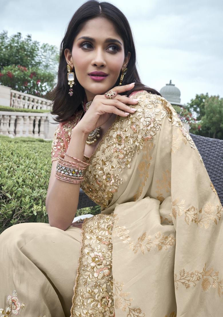 Gold Embroidered Pure Tissue Silk Saree Set