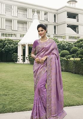 Purple Embroidered Pure Tissue Silk Saree Set