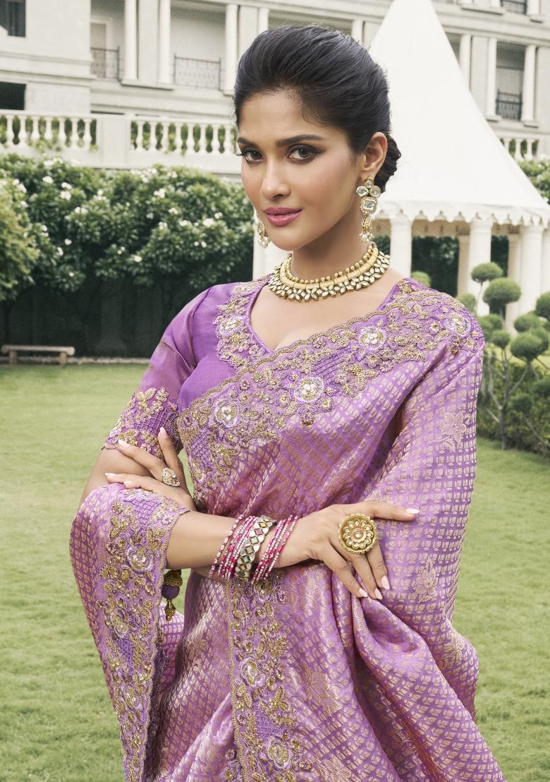 Purple Embroidered Pure Tissue Silk Saree Set