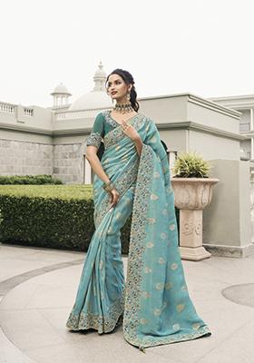 Turquoise Blue Embroidered Pure Tissue Silk Saree Set