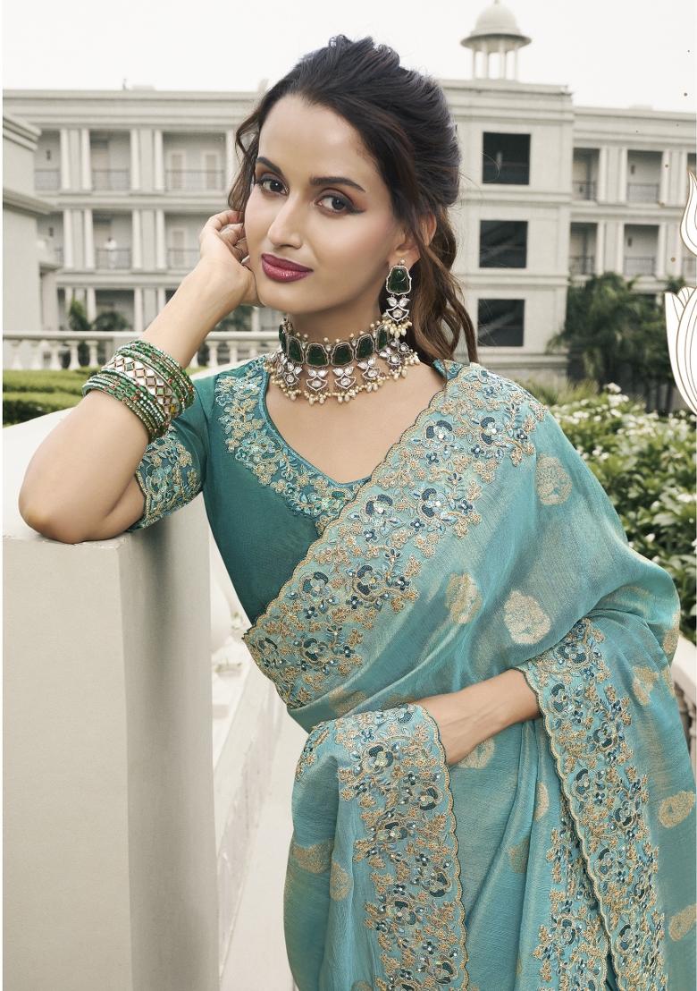 Turquoise Blue Embroidered Pure Tissue Silk Saree Set