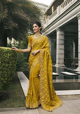 Mustard Yellow Embroidered Pure Tissue Silk Saree Set