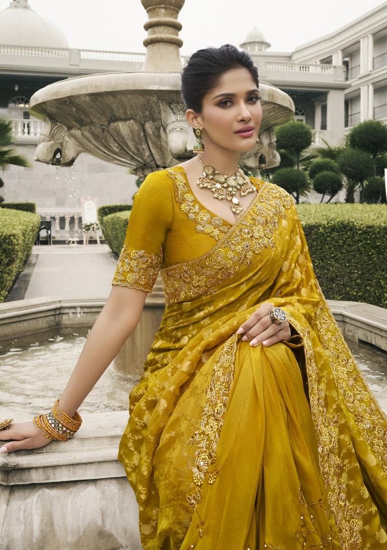 Mustard Yellow Embroidered Pure Tissue Silk Saree Set