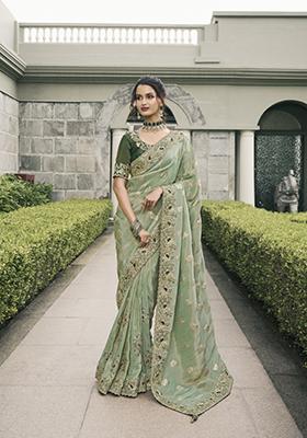 Light Green Embroidered Pure Tissue Silk Saree Set
