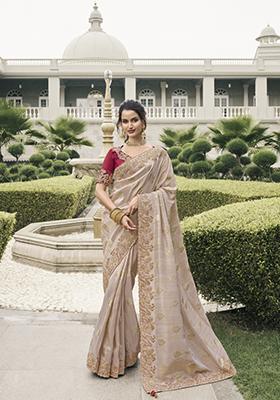 Beige Embroidered Pure Tissue Silk Saree Set