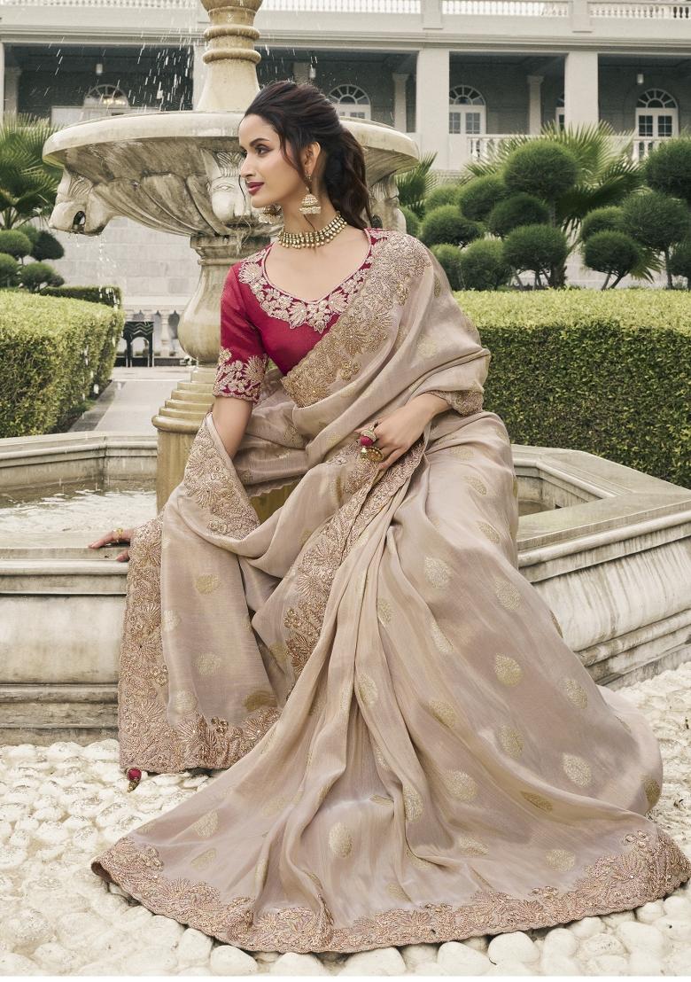 Beige Embroidered Pure Tissue Silk Saree Set