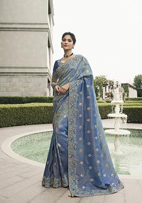 Blue Embroidered Pure Tissue Silk Saree Set