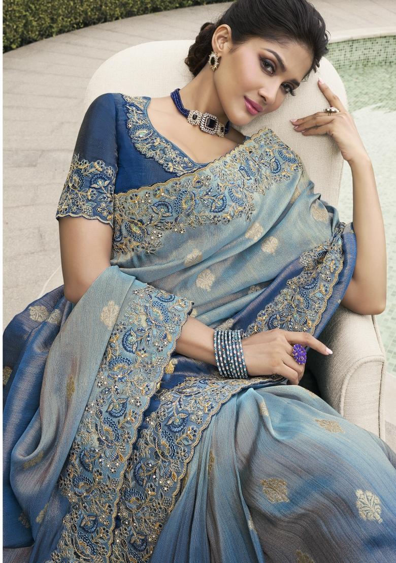 Blue Embroidered Pure Tissue Silk Saree Set