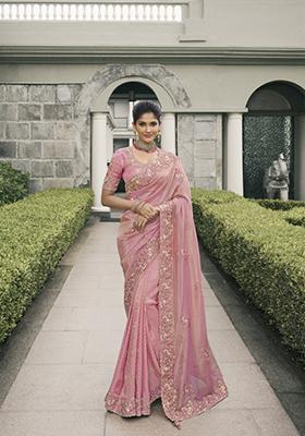 Pink Embroidered Pure Tissue Silk Saree Set