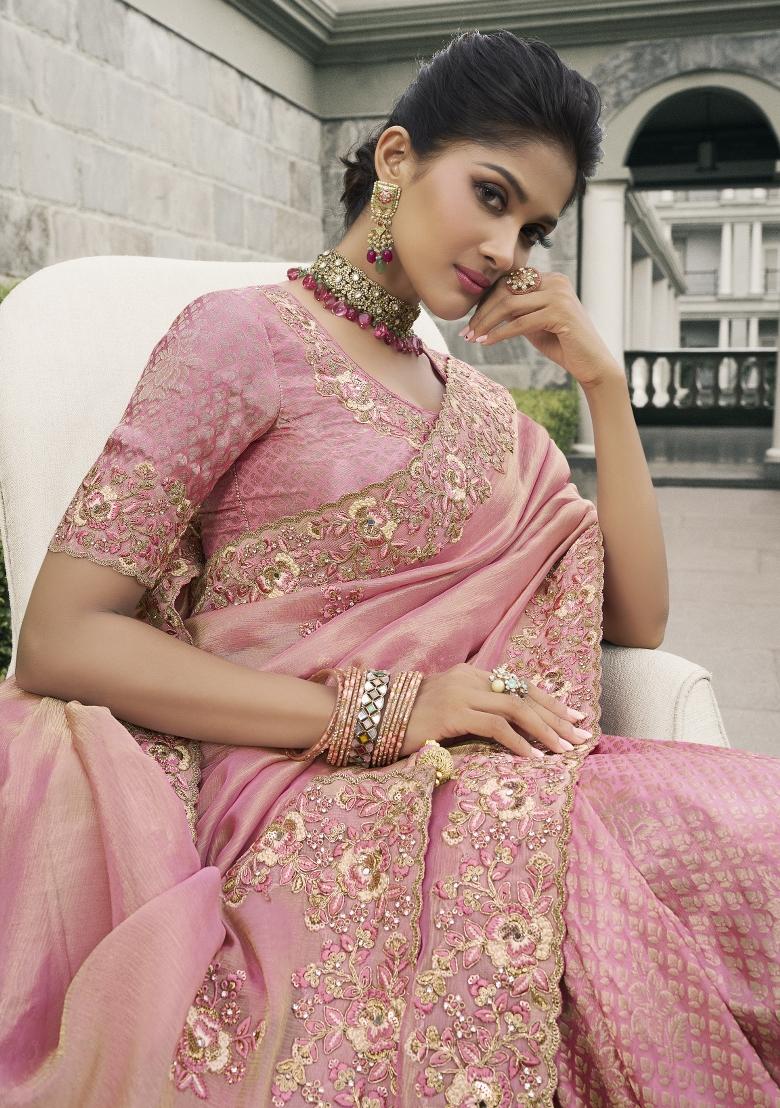 Pink Embroidered Pure Tissue Silk Saree Set