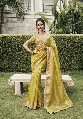 Yellow Embroidered Pure Tissue Silk Saree Set