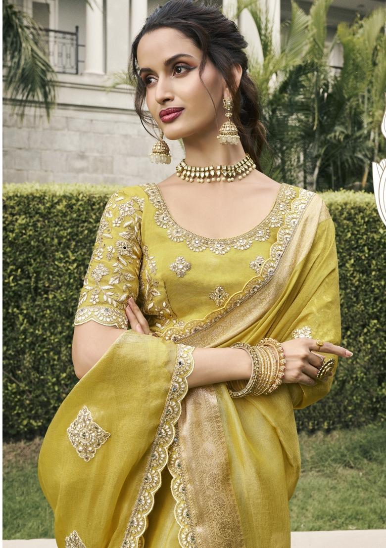 Yellow Embroidered Pure Tissue Silk Saree Set
