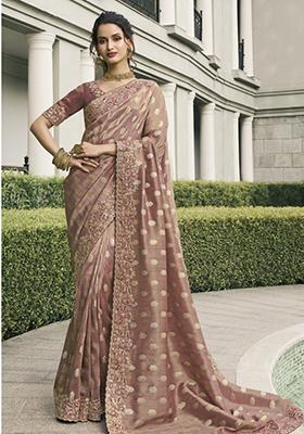 Brown Embroidered Pure Tissue Silk Saree Set
