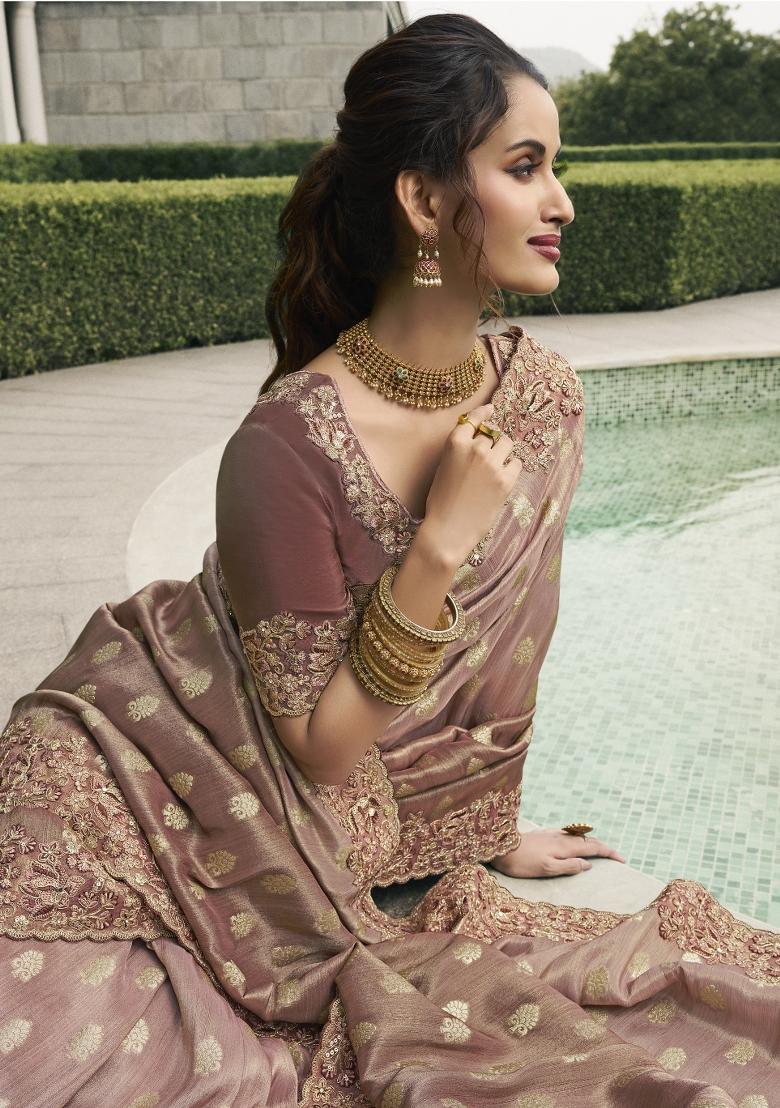 Brown Embroidered Pure Tissue Silk Saree Set