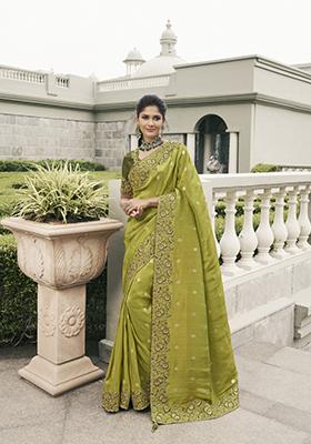 Green Embroidered Pure Tissue Silk Saree Set