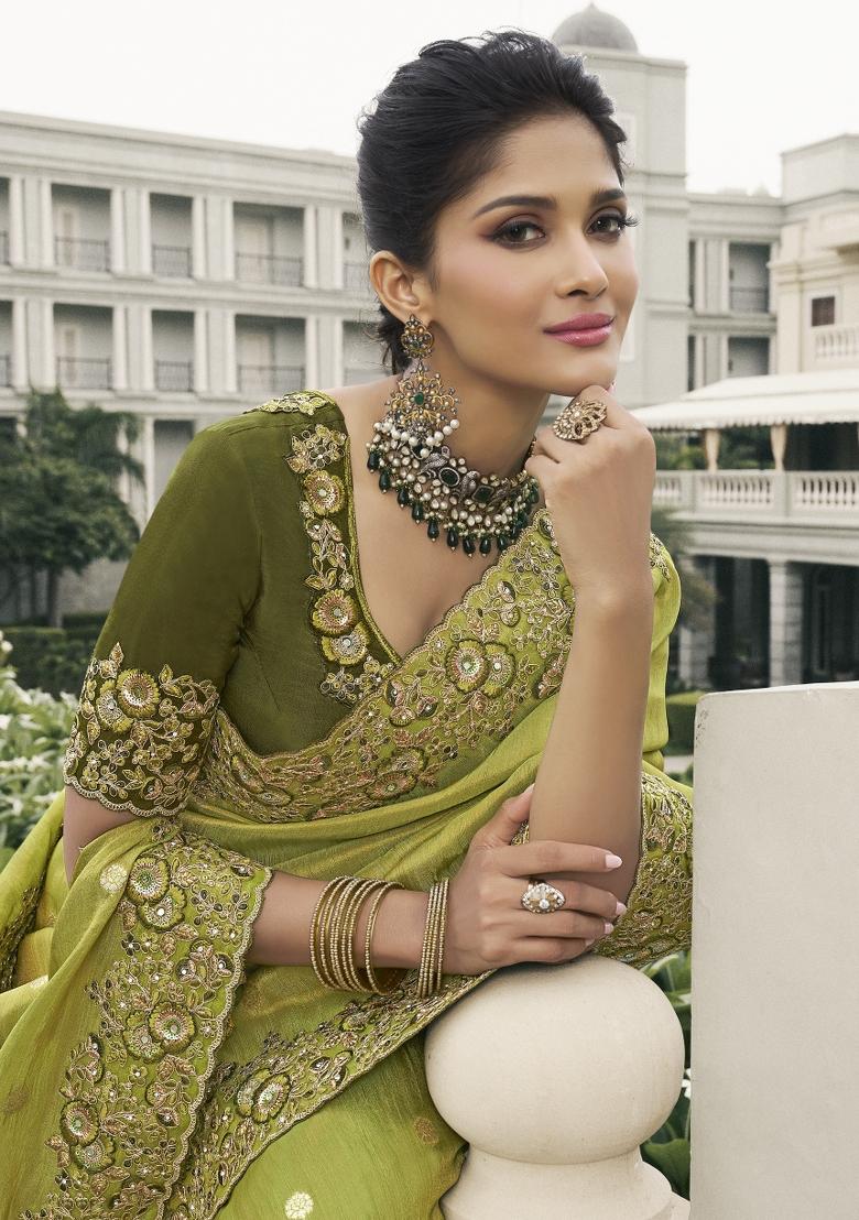 Green Embroidered Pure Tissue Silk Saree Set