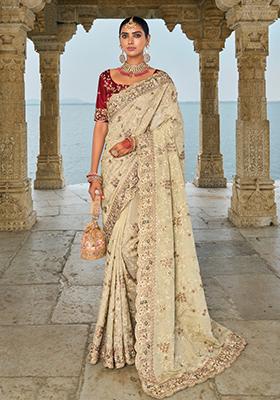 Cream Zardosi Banarasi Silk Saree Set