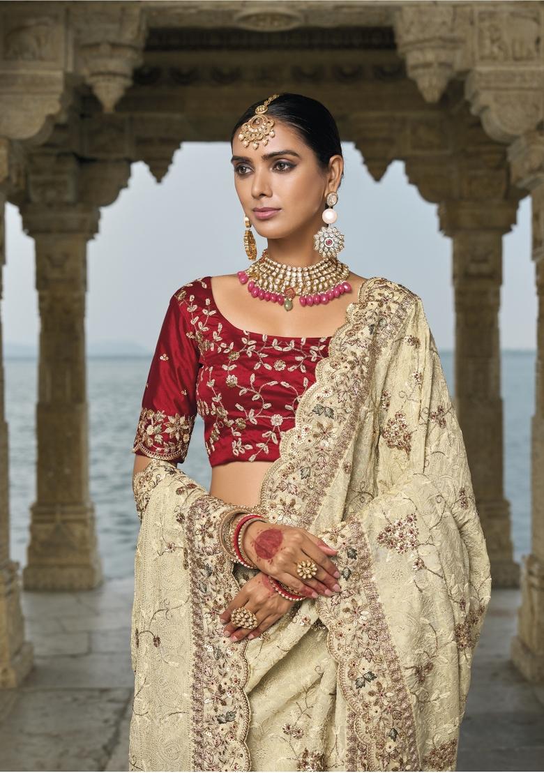 Cream Zardosi Banarasi Silk Saree Set