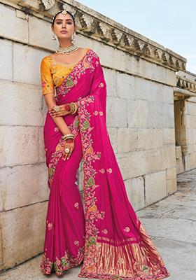 Rani Pink Zardosi Satin Saree Set