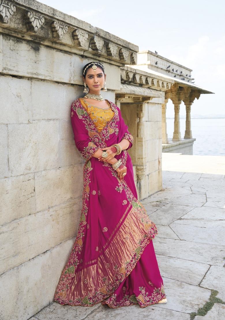Rani Pink Zardosi Satin Saree Set