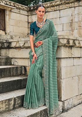 Sea Green Zardosi Tissue Saree Set