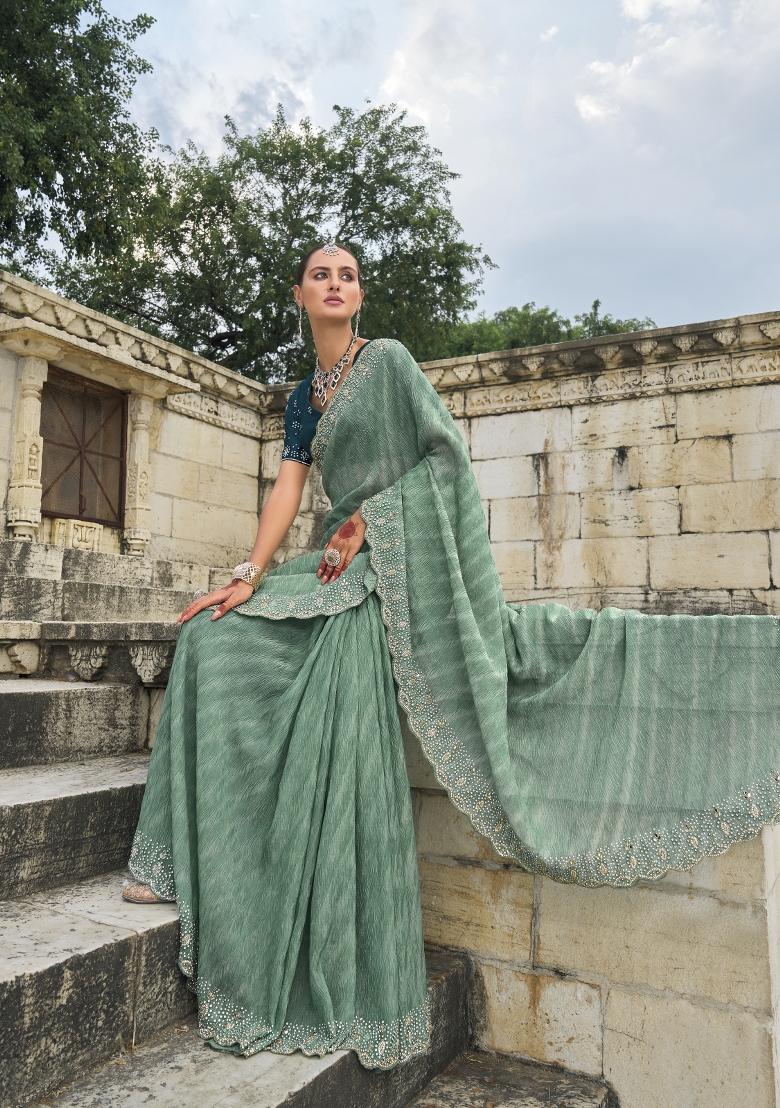 Sea Green Zardosi Tissue Saree Set