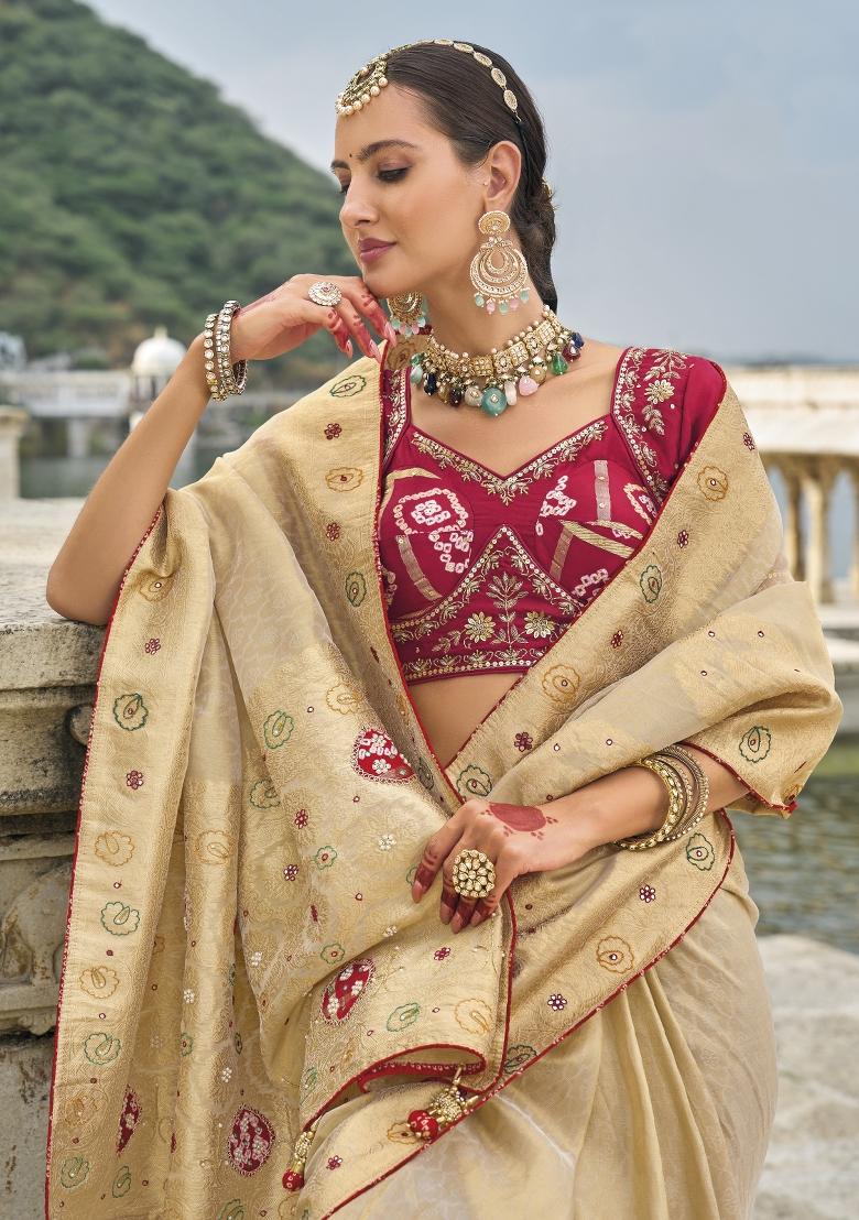 Beige Zardosi Georgette Saree Set